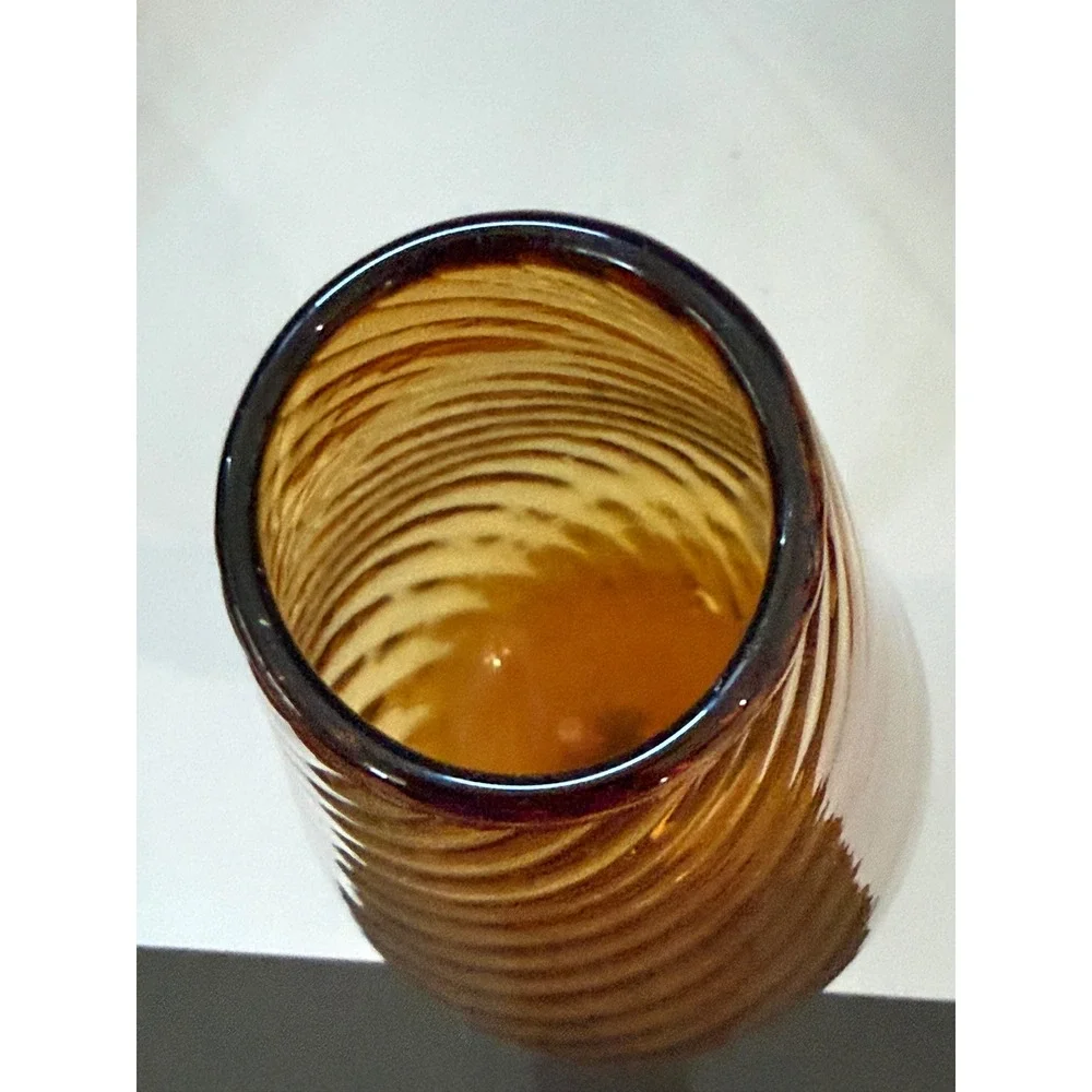 Vintage Empoli Amber Glass Optic Swirl Pedestal Vase Mid-Century Modern Teardrop